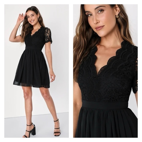 Lulus Black Lace Short Sleeve Skater Mini Cocktail Dress Medium - Picture 3 of 11